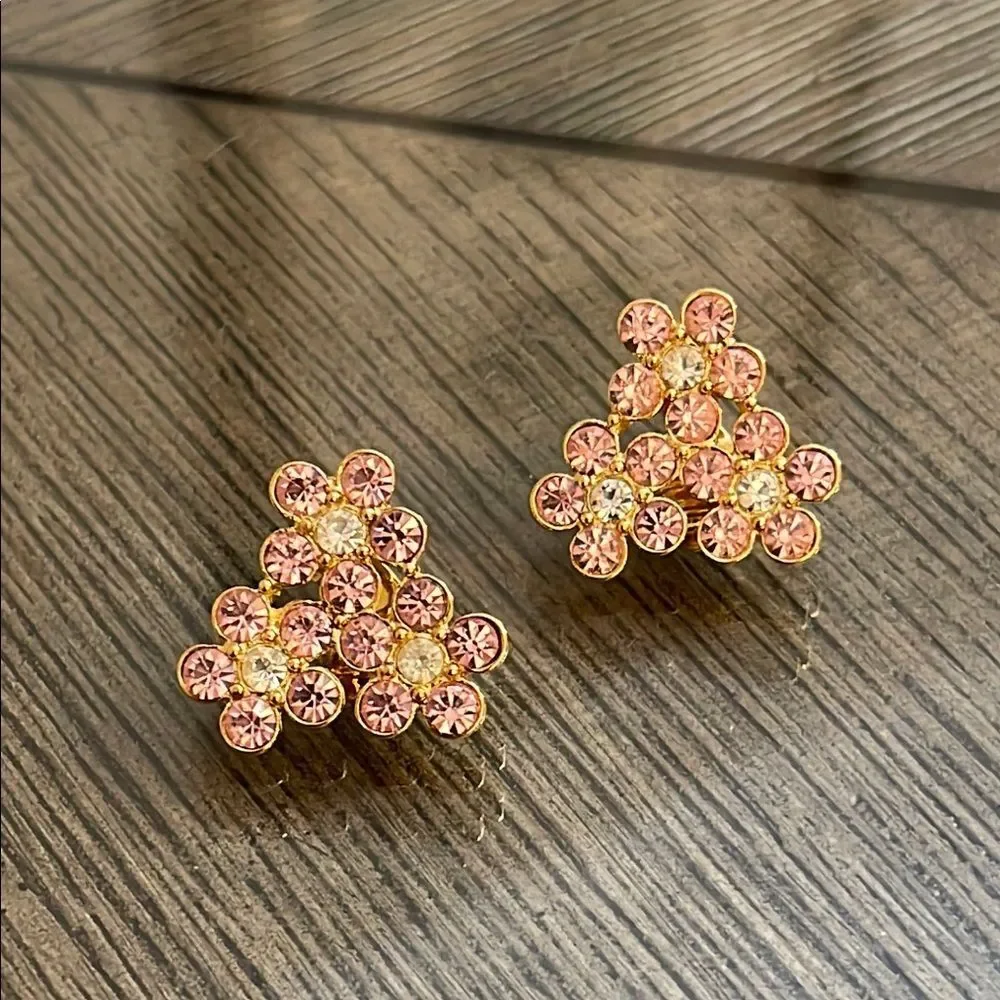 Vintage Monet Pink Cluster Rhinestone Clip Earring - Gold-tone